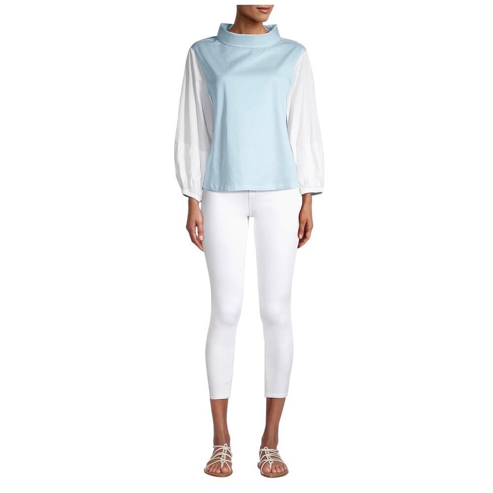 Harshman Womens Perry Cotton Tunic Light Blue White Blouse Size Medium